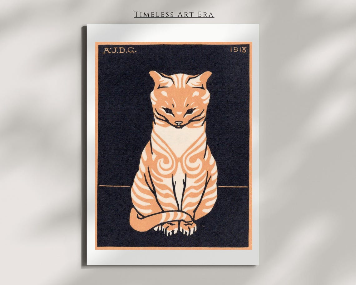 Classic Bold Orange Tabby Cat 1918 Vintage Woodcut Style Poster