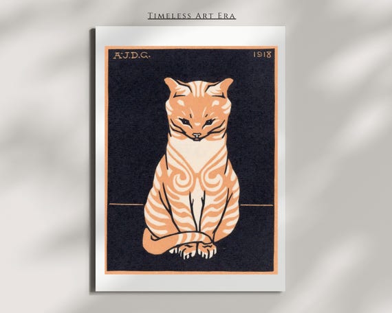 Classic Bold Orange Tabby Cat 1918 Vintage Woodcut Style Poster