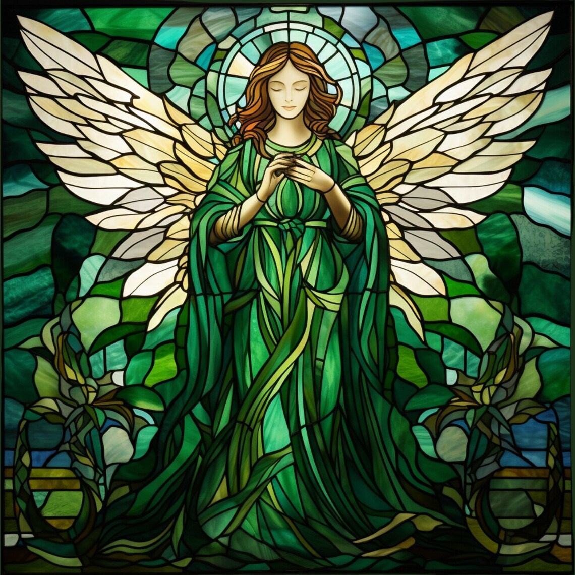 Emerald Green Stained Glass Angel Praying Religious Wall Art - Image 4