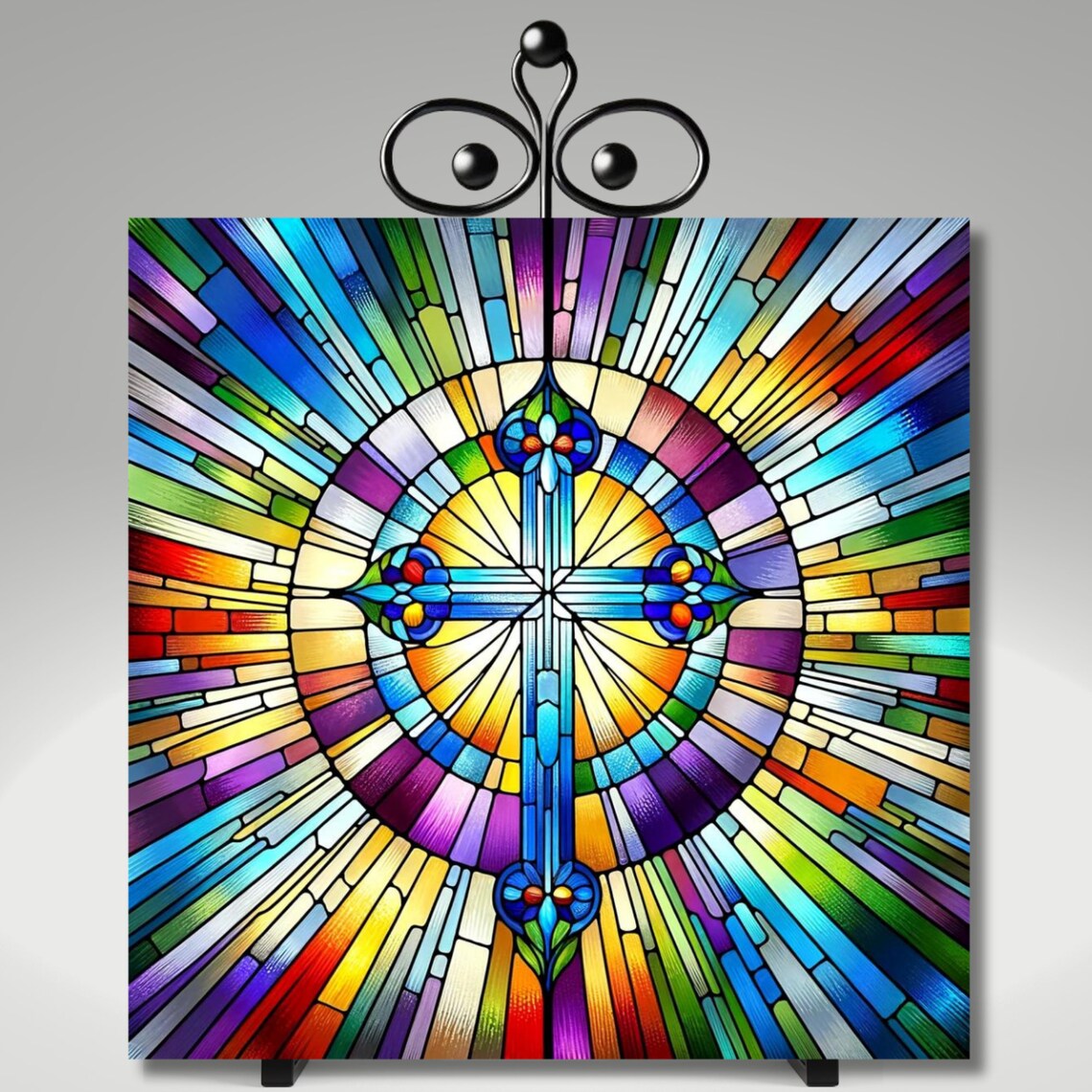 Rainbow Sunburst Cross Mandala Colorful Stained Glass Art Wall Art - Image 4