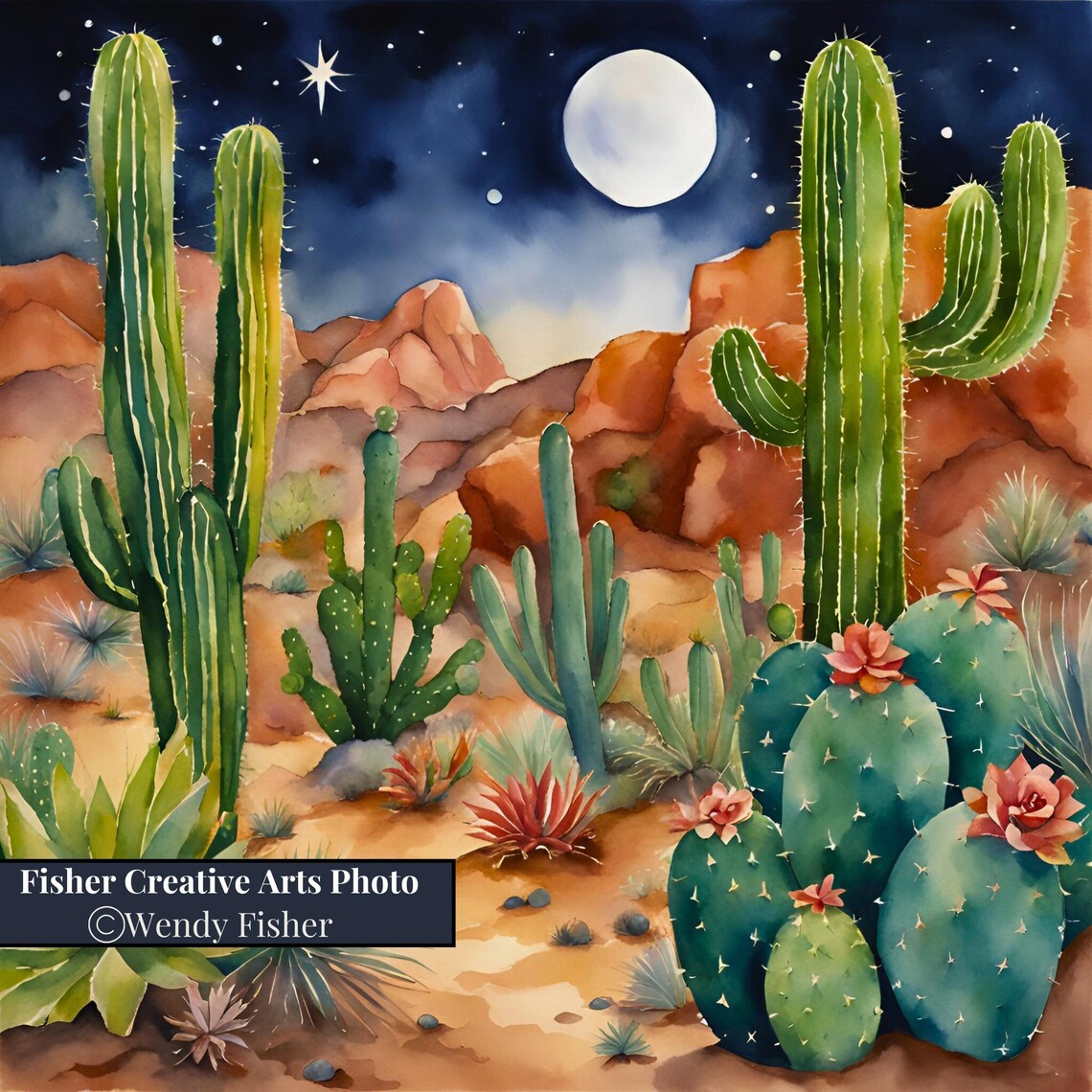 Southwestern Night Desert Cactus Wall Art Print - Image 4
