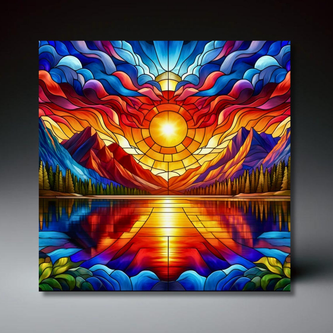 Stained Glass Effect Mountain Sunset Ceramic Art Tile Landscape Art Rustic Home Decor Birthday Gift Wall Art Decor Cabin Lake House