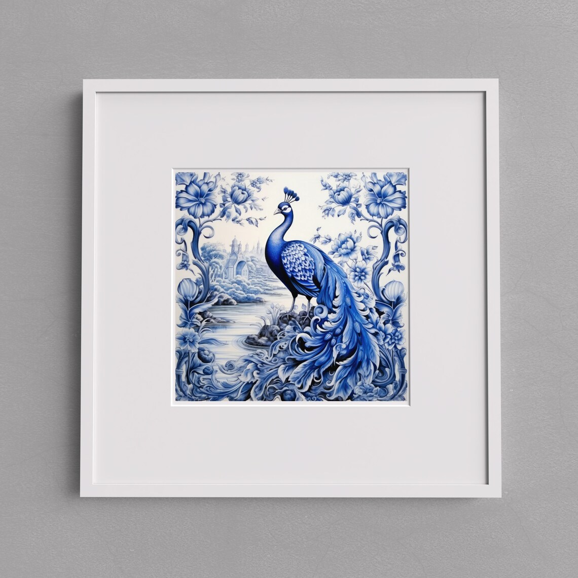 Delft Blue Chinoiserie Peacock Wall Art Print - Image 3