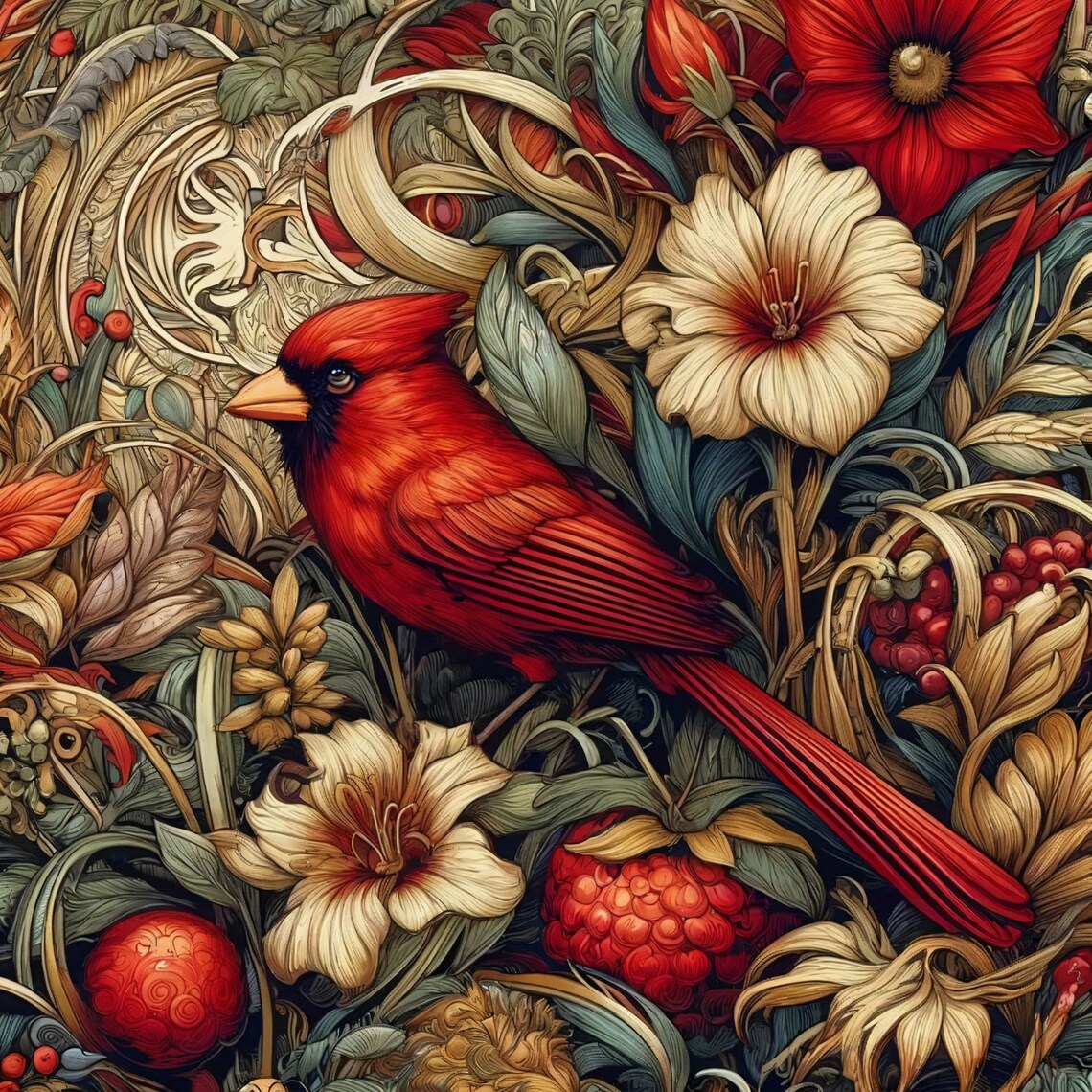 William Morris-Inspired Red Cardinal Nouveau Art Print - Image 4