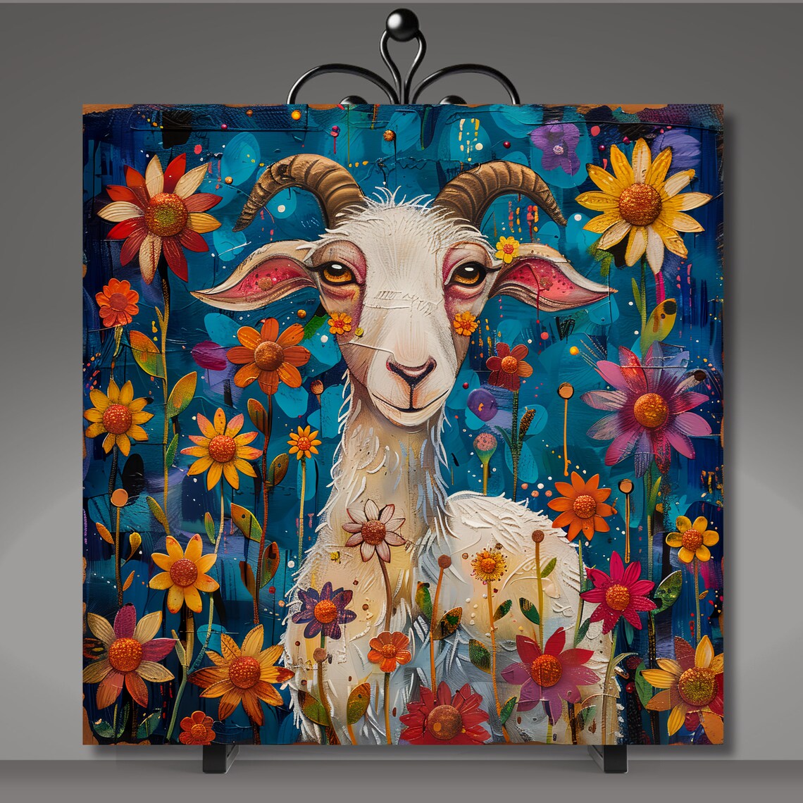 Colorful White Goat Folk Art, Farm Kitchen Art Print - Image 5