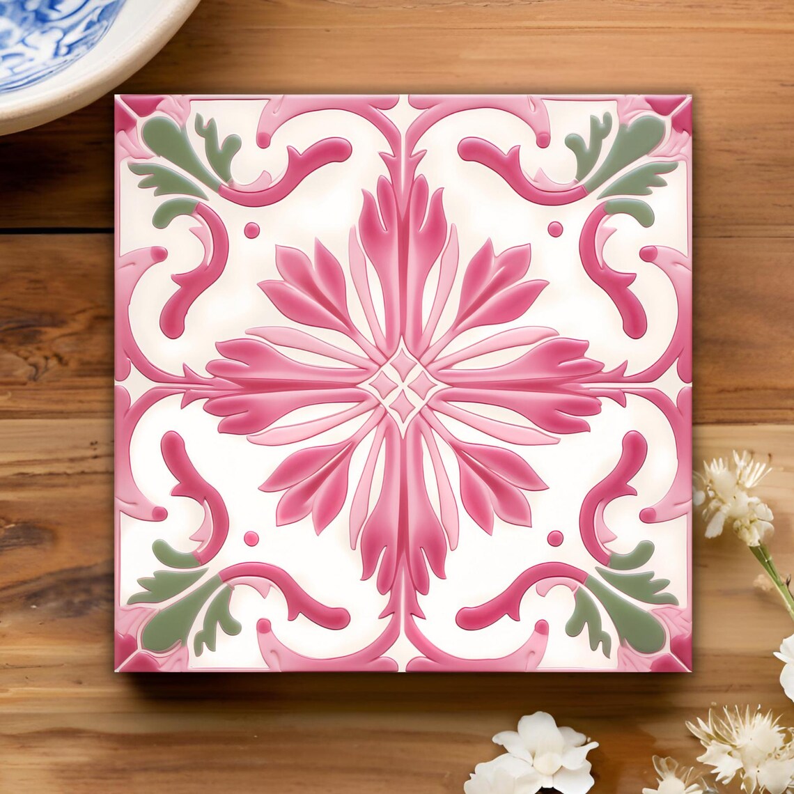 Pink And White Azulejo Tile Art Print, Kitchen Decor - Image 2