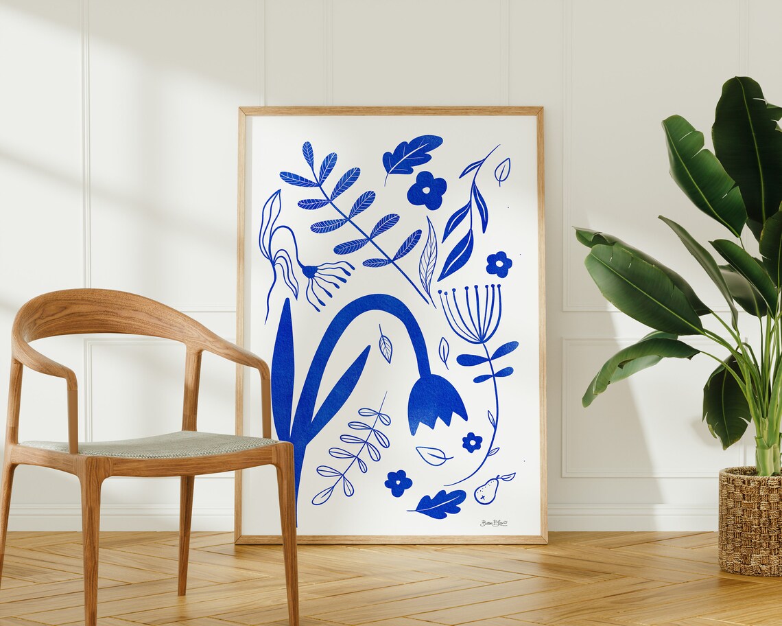 Blue Floral Line Art Nordic Botanical Minimalist Illustration Poster - Image 2