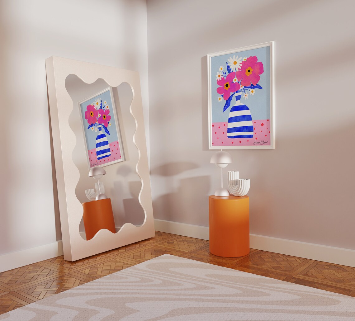 Maximalist Pink Flowers in a Striped Vase Art Print - Image 7
