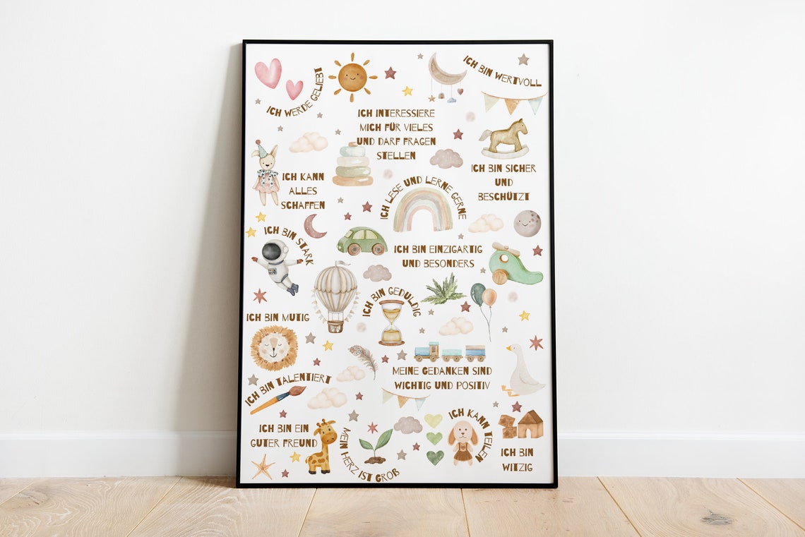 German Kids Affirmations Watercolor Positive Nursery Room Poster