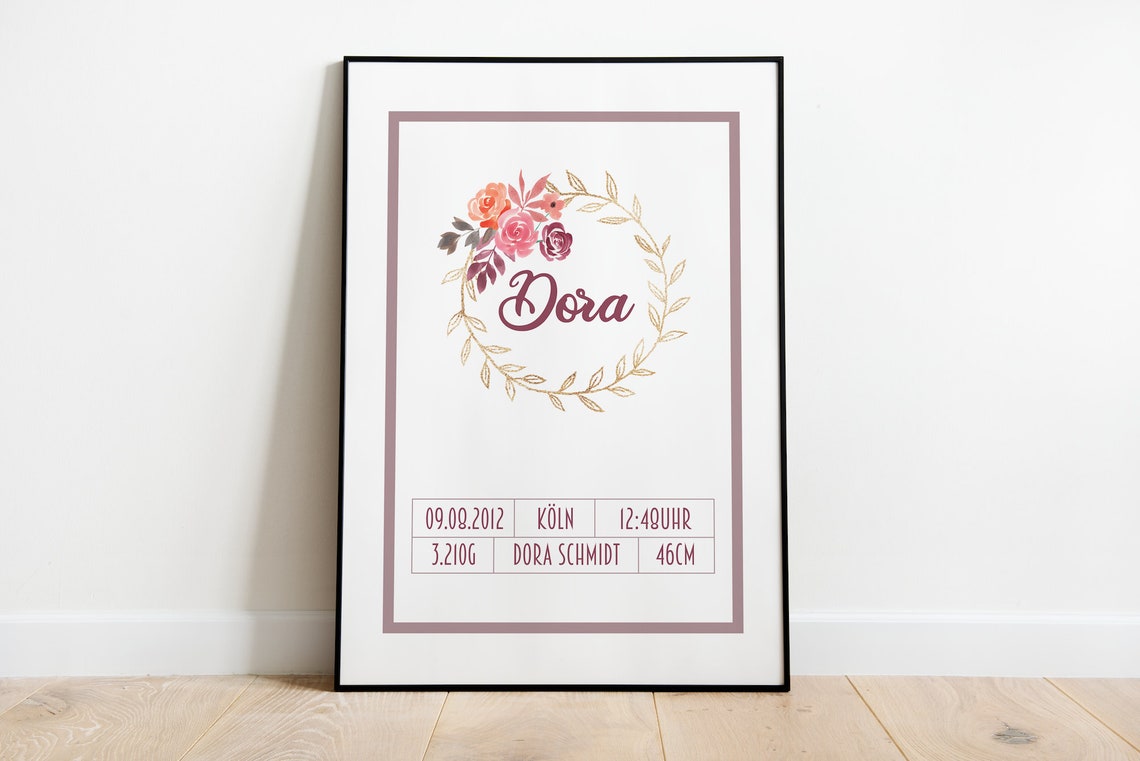 Personalized Birth Announcement Floral Wreath Baby Data Poster