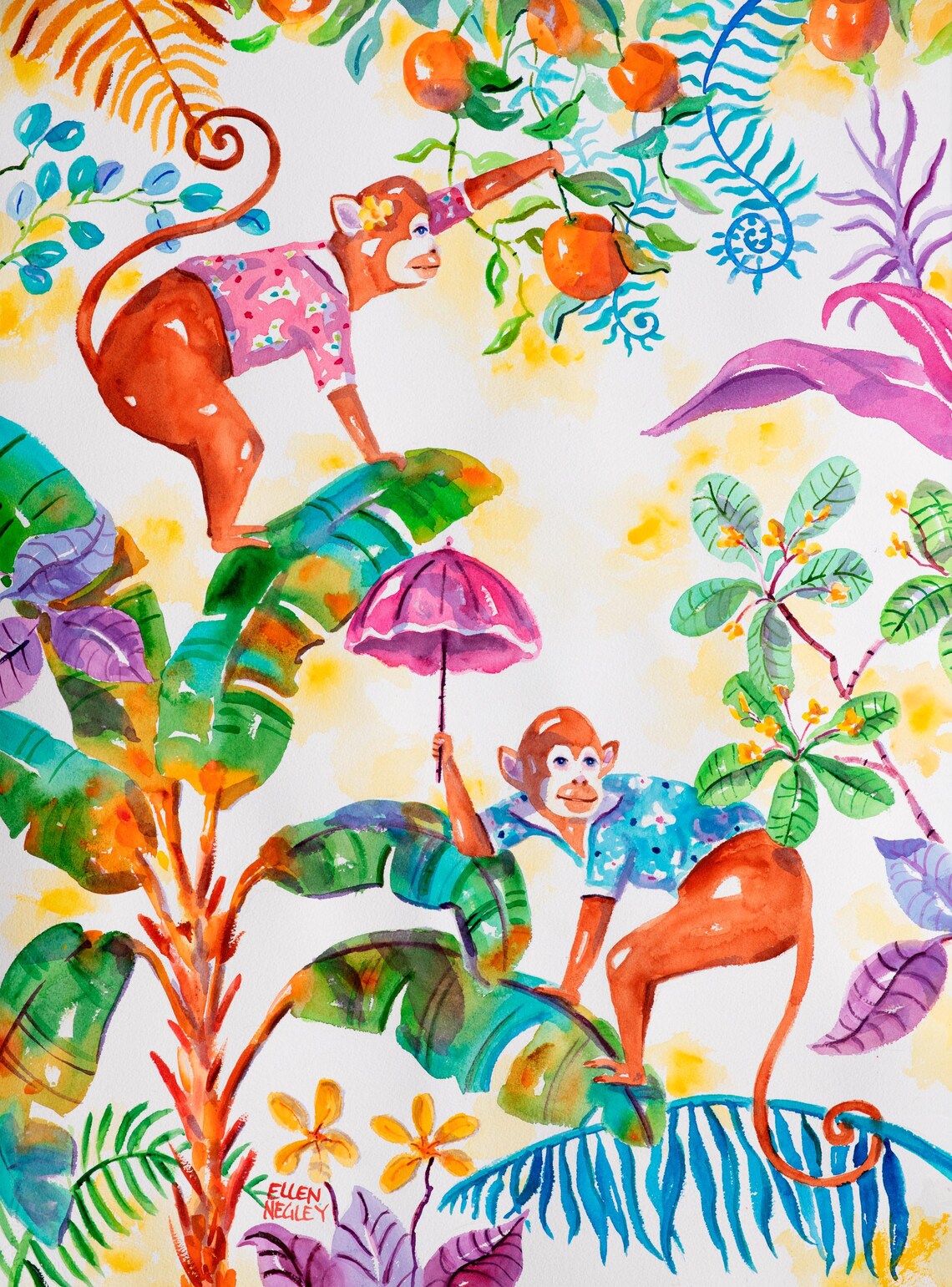Chinoiserie Monkey Watercolor Art Print, Ellen Negley