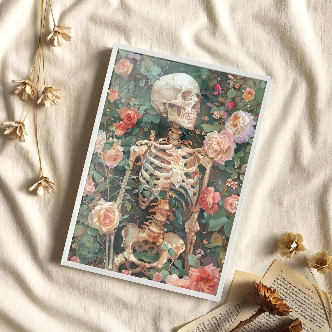 Pastel Color Skeleton With Roses Botanical Art Print Poster Or Canvas Floral Gothic Dark Academia Skull
