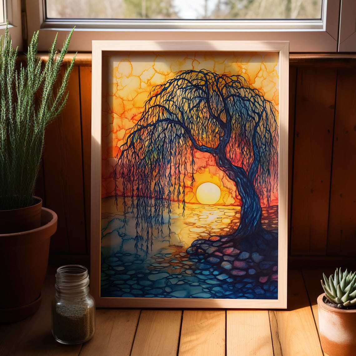 Weeping Willow Sunset Over Still Water Glowing Nature Wall Art