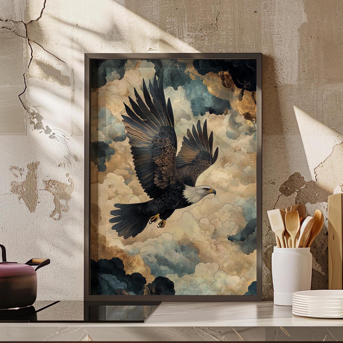 Bald Eagle Soaring Through Dramatic Clouds Vintage Oil Poster