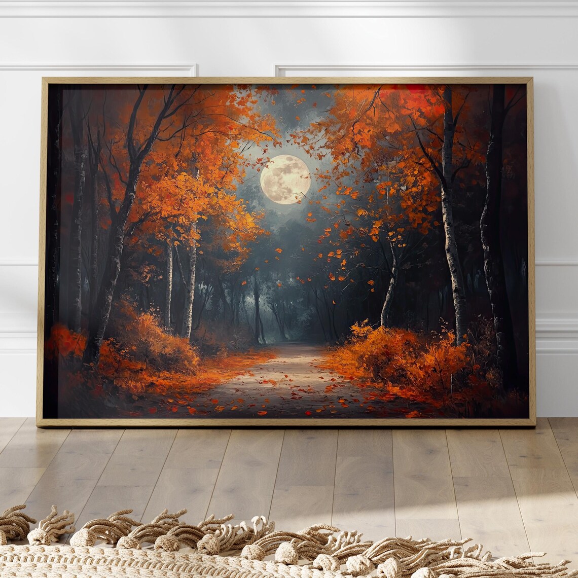 Moonlit Autumn Forest Path Falling Leaves Fantasy Night Wall Art