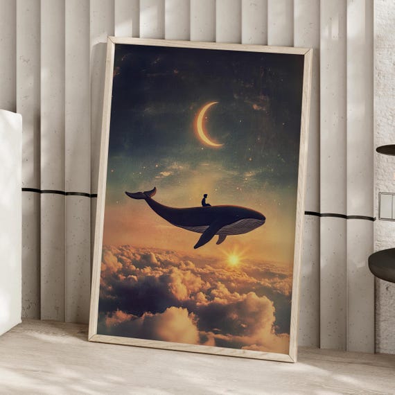 Whale And Boy In The Sky Surreal Wall Art Poster Or Canvas Print Dreamy Decor Flying Sun Moon Fantasy