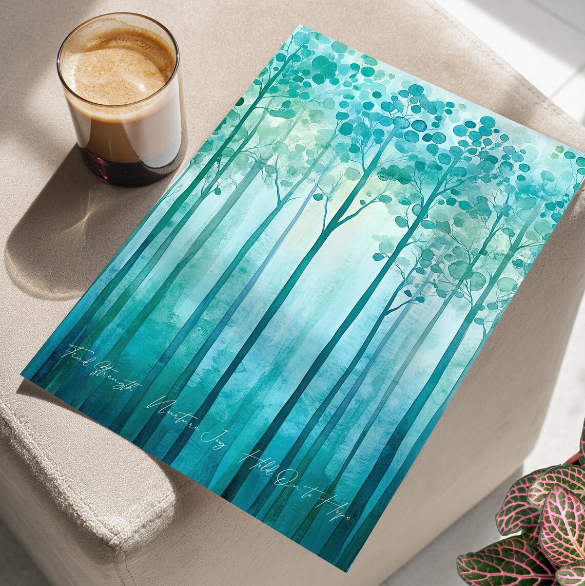 Find Strength Nurture Joy Watercolor Forest Poster Calm Wellness Art