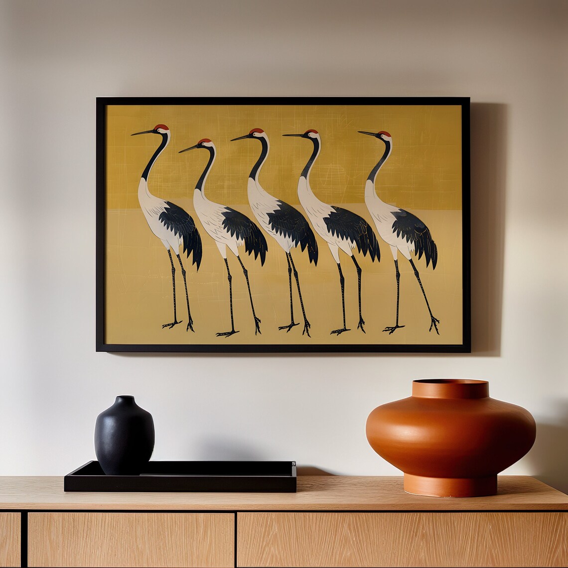 Vintage Japanese Cranes Mustard Gold Asian Bird Painting Poster