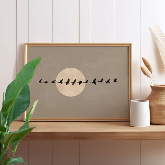 Taupe Beige Flying Geese Japandi Painting Poster Or Canvas Print Flock Of Birds Neutral Art Moon And Minimalist Vintage Japanese