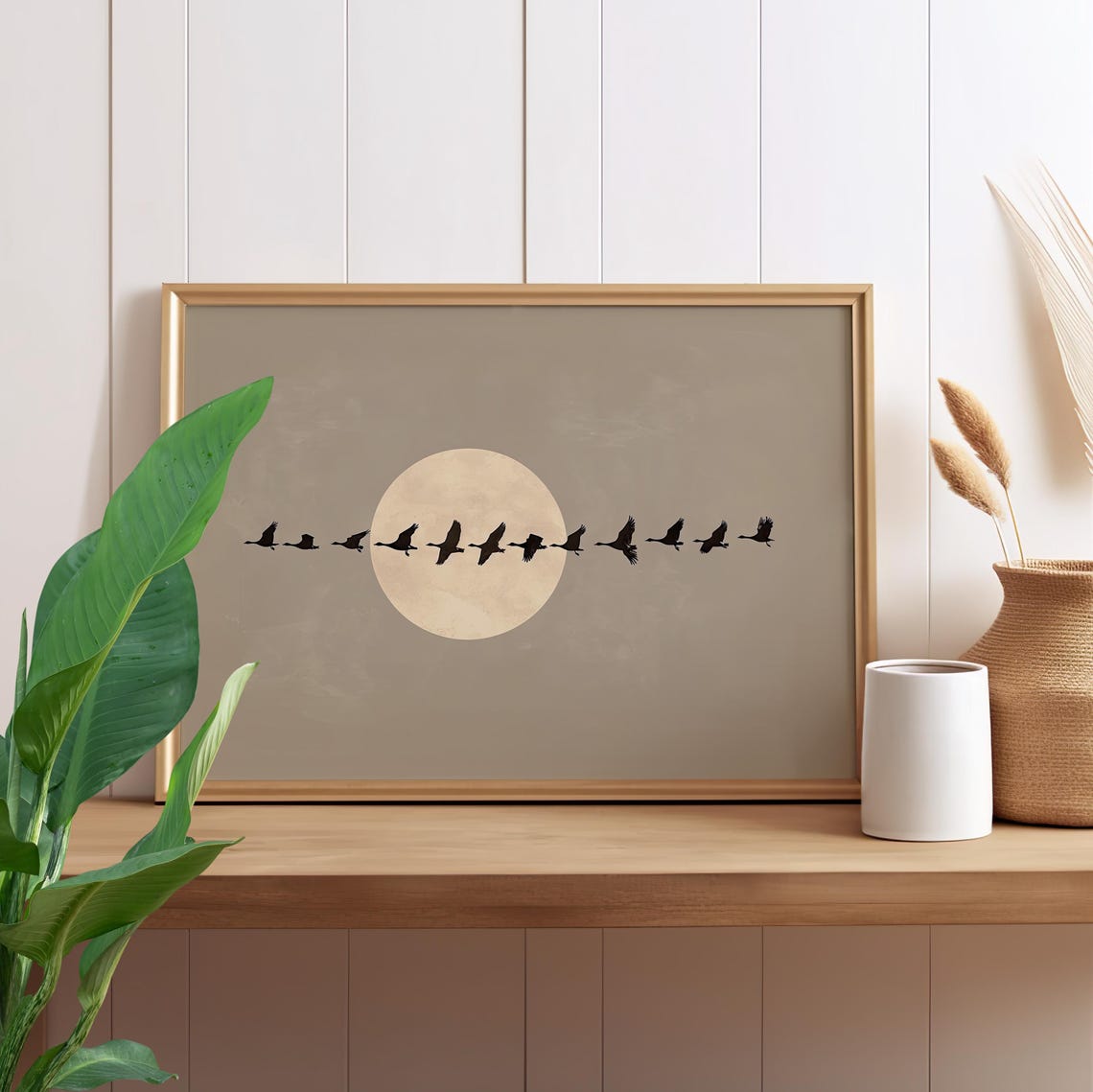 Flock Of Geese Flying Across A Full Moon Minimalist Neutral Poster