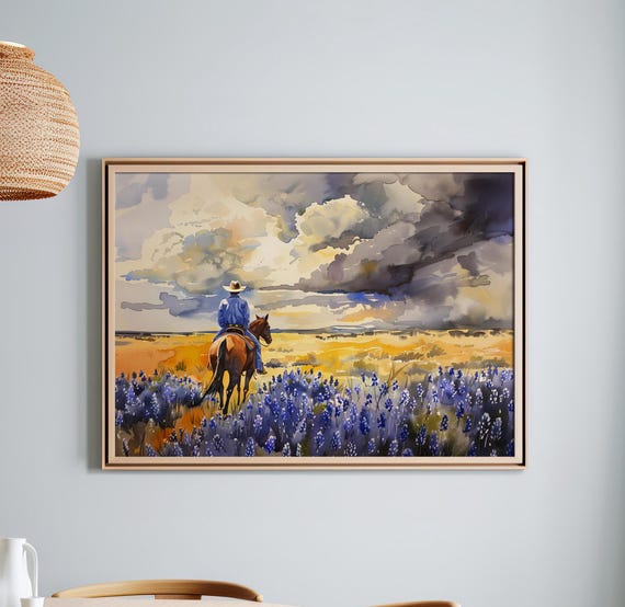 Cowboy In The Bluebonnet Field Floral Watercolor Art Poster Or Canvas Cloudy Texas Moody Blue Flowers Print