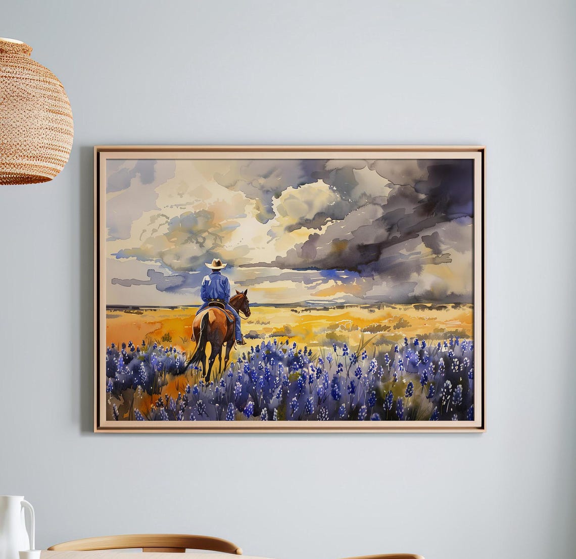 Cowboy on Horseback Bluebonnet Field Texas Watercolor Western Poster