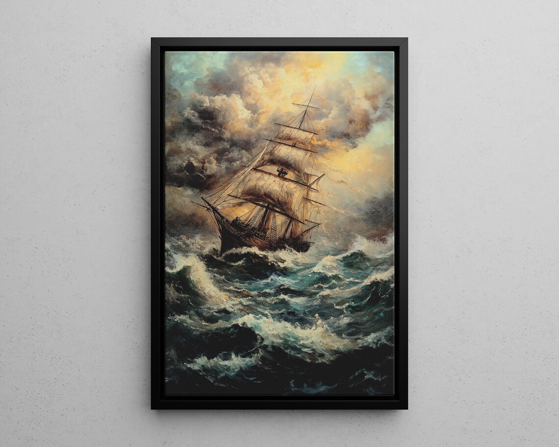 Vintage Sailing Ship On Stormy Seas Oil Painting Nautical Poster