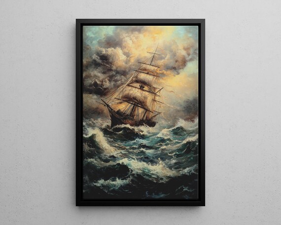 Vintage Sailing Ship On Stormy Seas Oil Painting Nautical Poster