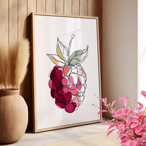 Raspberry Line Art Minimalist Poster Or Canvas Print Modern Fruit Vector Style Drawing Botanical Kitchen Wall Decor