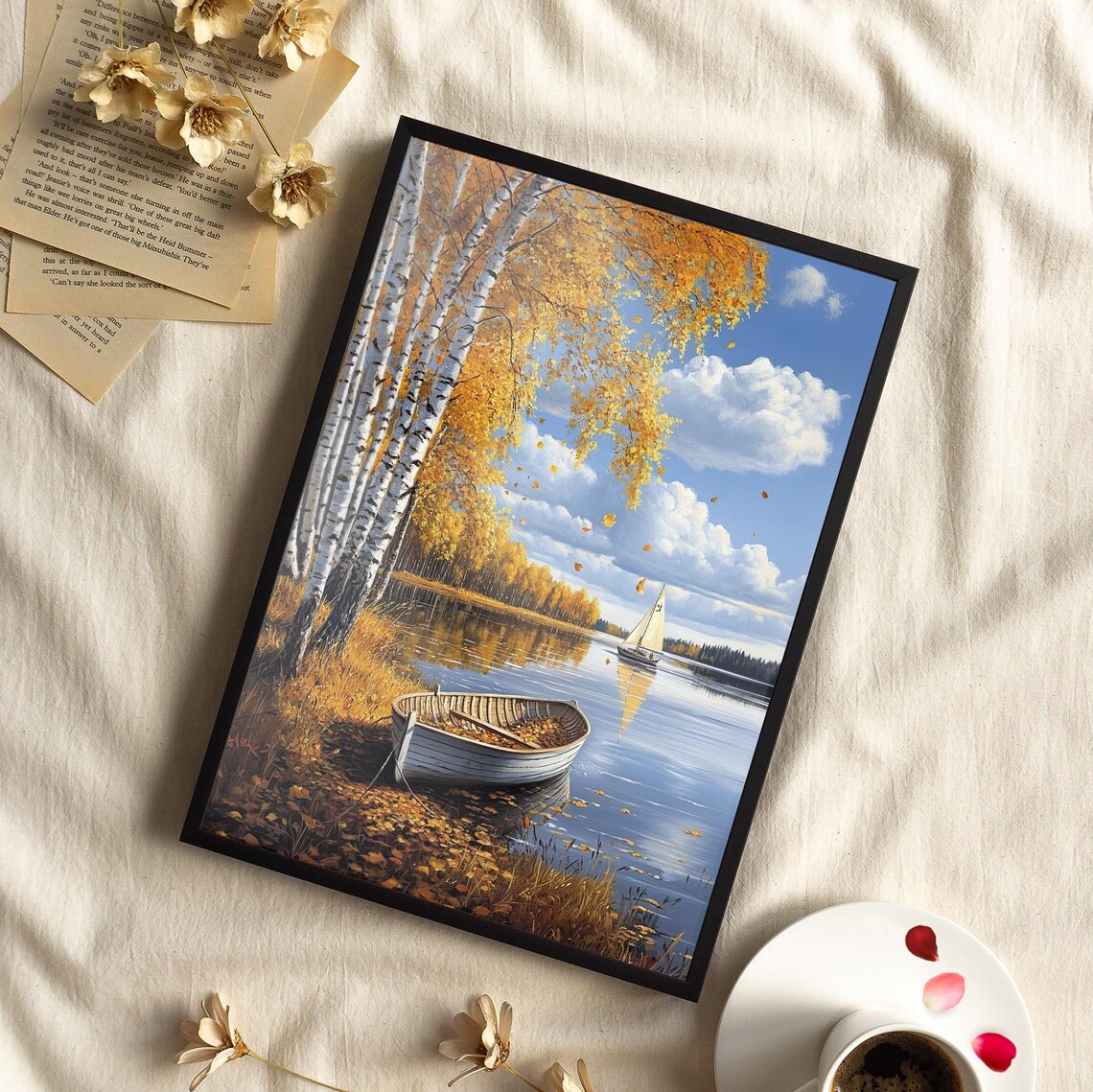 Autumn Lakeshore Rowboat And Birch Trees Fall Fishing Boat Decor Poster