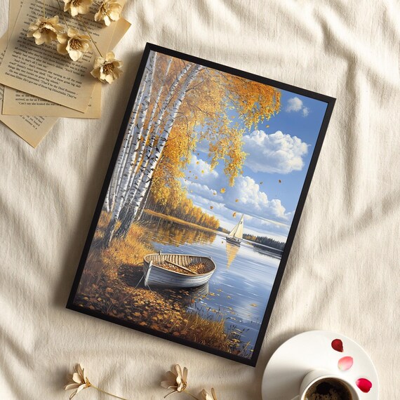 Autumn Lakeshore Rowboat And Birch Trees Fall Fishing Boat Decor Poster