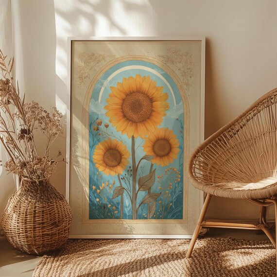 Sunflower Sun Arch Folk Art Poster Mystical Botanical Print Vintage Floral Boho Decor Yellow Flower Spiritual Earthy Illustration