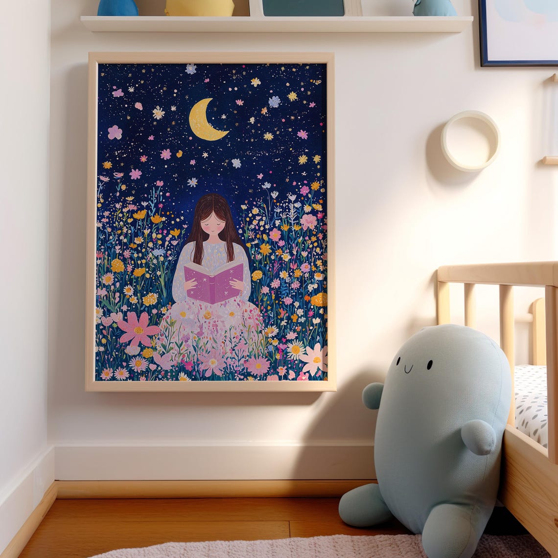 Girl Reading Book Flower Meadow Night Moon Whimsical Art Poster - Image 4