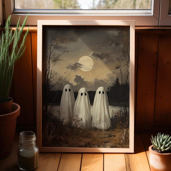 Three Sheet Ghosts With Moon Cloudy Sky Oil Painting Surreal Art Print Poster Or Canvas Halloween Wall Vintage