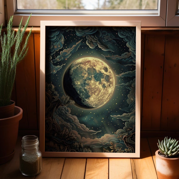 Waxing Gibbous Moon Celestial Art Print Poster Or Canvas Vintage Enchanting Goblincore Nature Wall Decor Mystical Moody