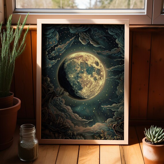 Waxing Gibbous Moon Golden Celestial Clouds Night Sky Stars Art Poster