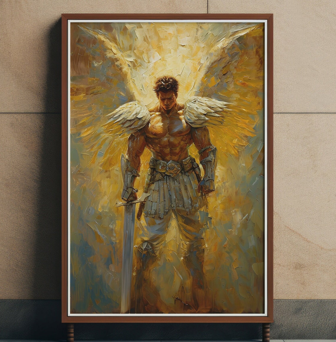 Archangel Michael Warrior Holding Sword Golden Oil Painting Poster