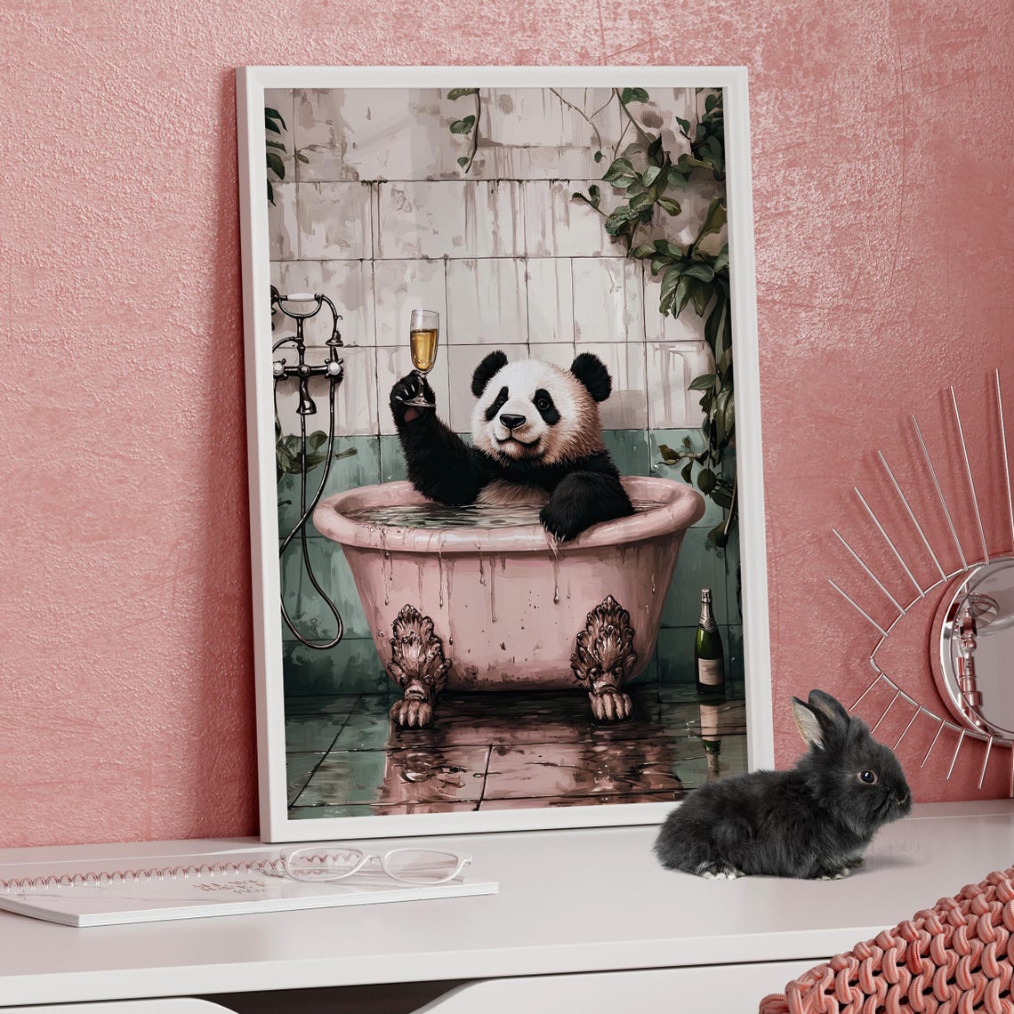 Panda In Bathtub Funny Wall Art Poster Or Canvas Print Vintage Animal Bathroom Decor Bath Botanical