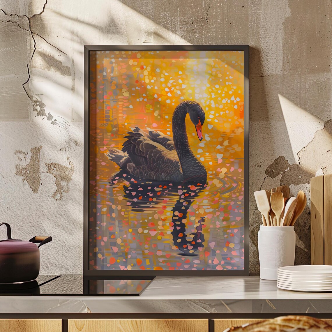 Black Swan On Golden Water Colorful Mosaic Oil Painting Poster