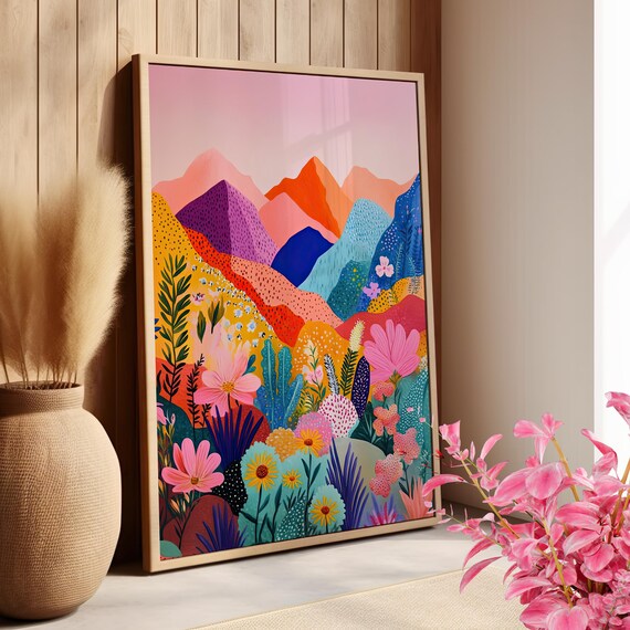 Colorful Mountains And Flowers Art Print Poster Or Canvas Whimsical Landscape Illustration Botanical Abstract Nature