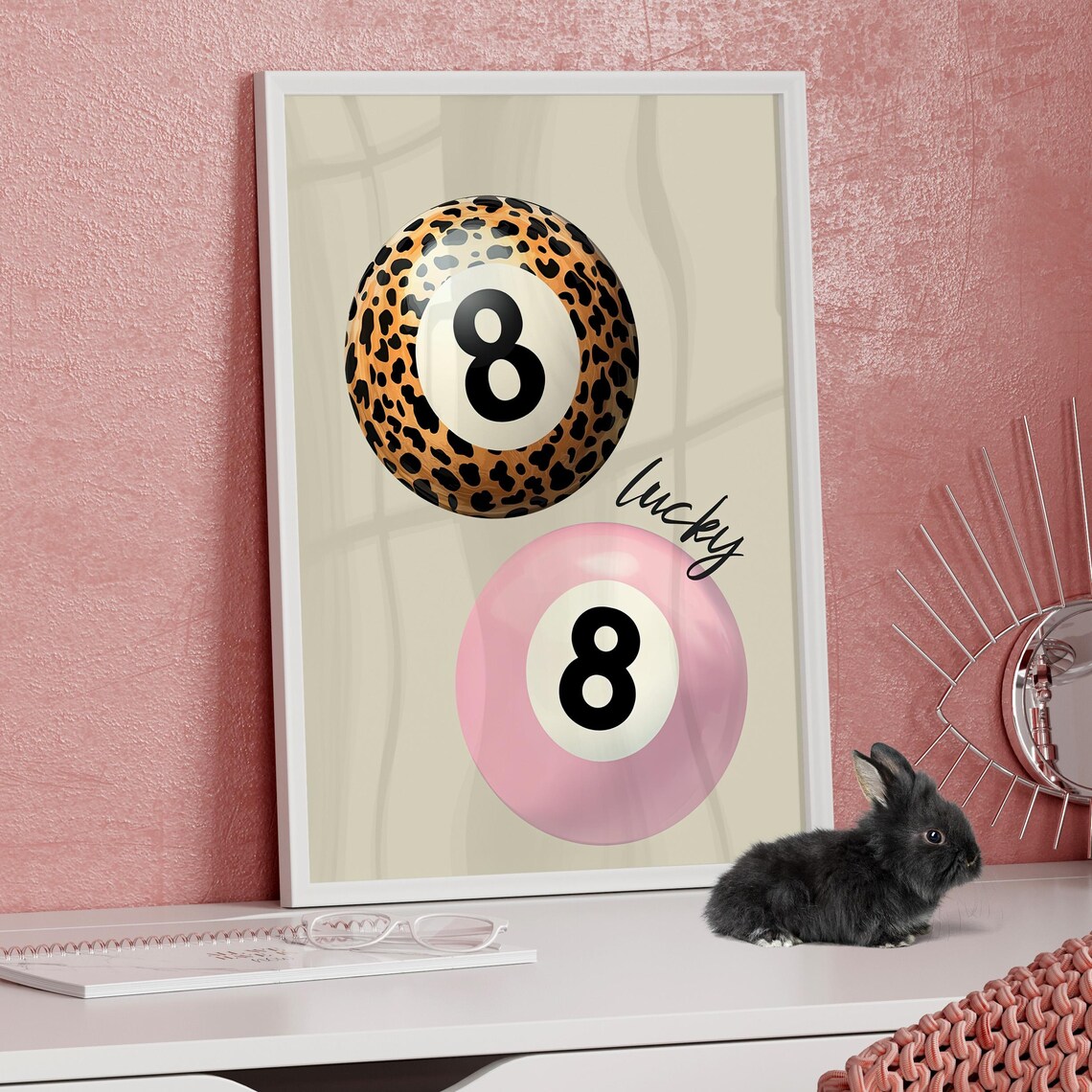 Lucky Leopard Spotted and Pink 8 Ball Retro Trendy Dorm Room Poster