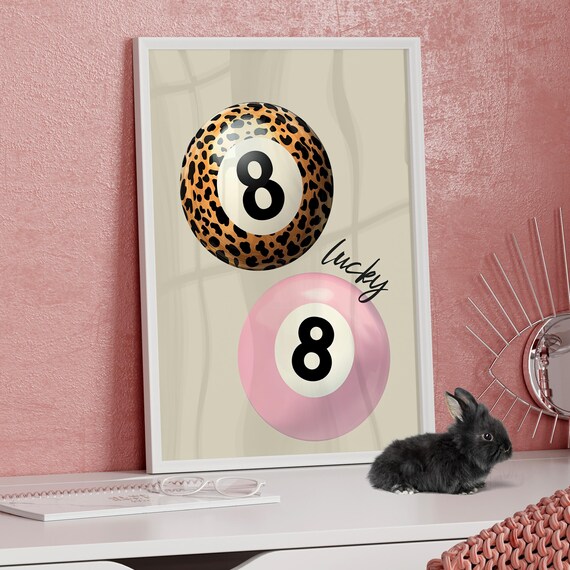 Lucky Pink And Leopard 8 Ball Wall Art Poster Or Canvas Print Girl Dorm Room Decor Vintage Pool Trendy Apartment