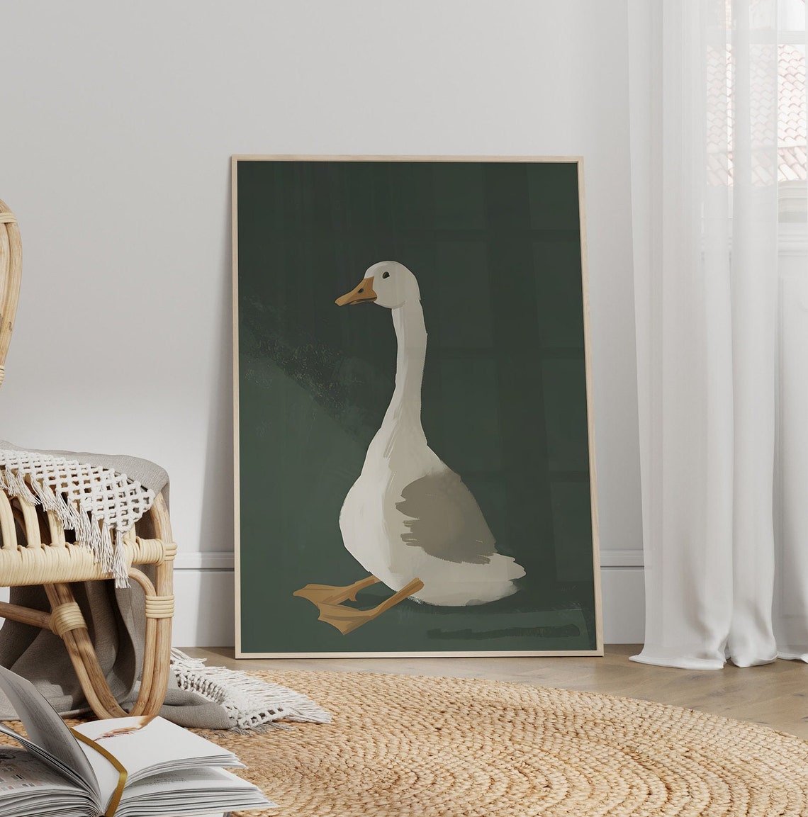 Whimsical White Goose Poster On Dark Green Minimalist Nursery Bird Art