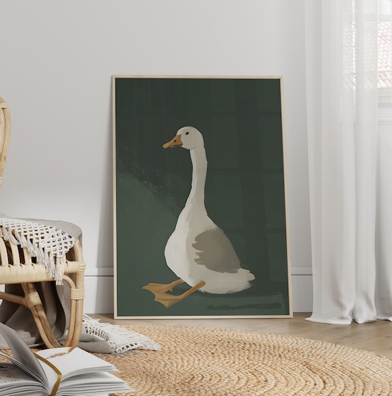 Whimsical Sitting Goose Canvas Or Poster Print Silly Art Animal Farm Illustration Green Nursery Wall Decor