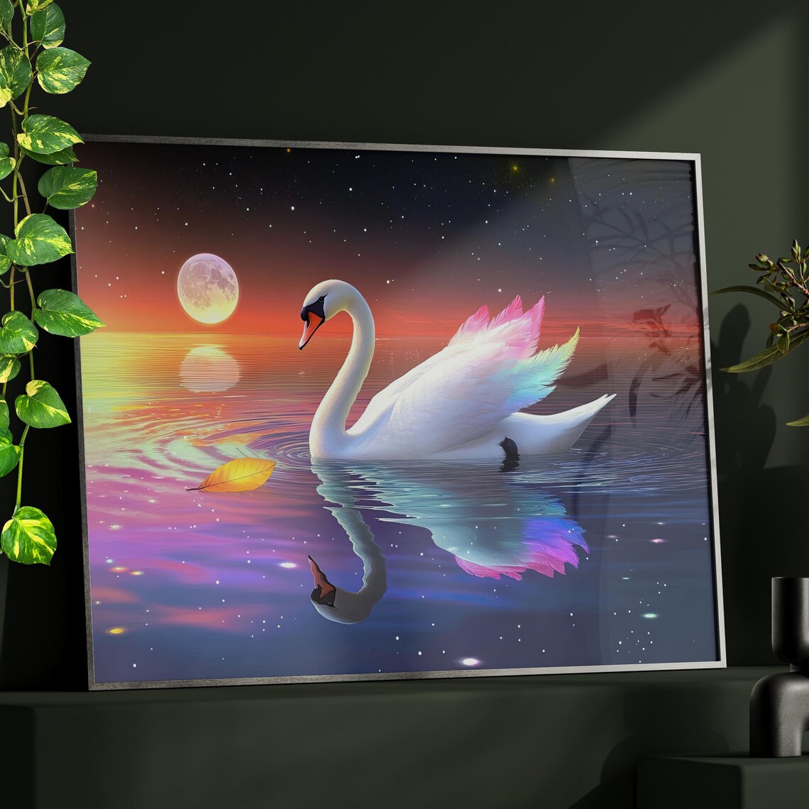 White Swan Moonlit Lake Starry Night Fantasy Art Bird Poster