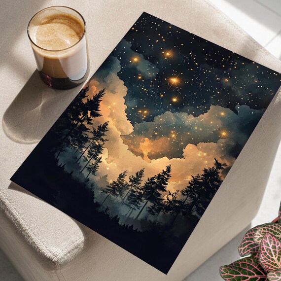 Starry Golden Night Sky Over Pine Forest Silhouette Celestial Poster