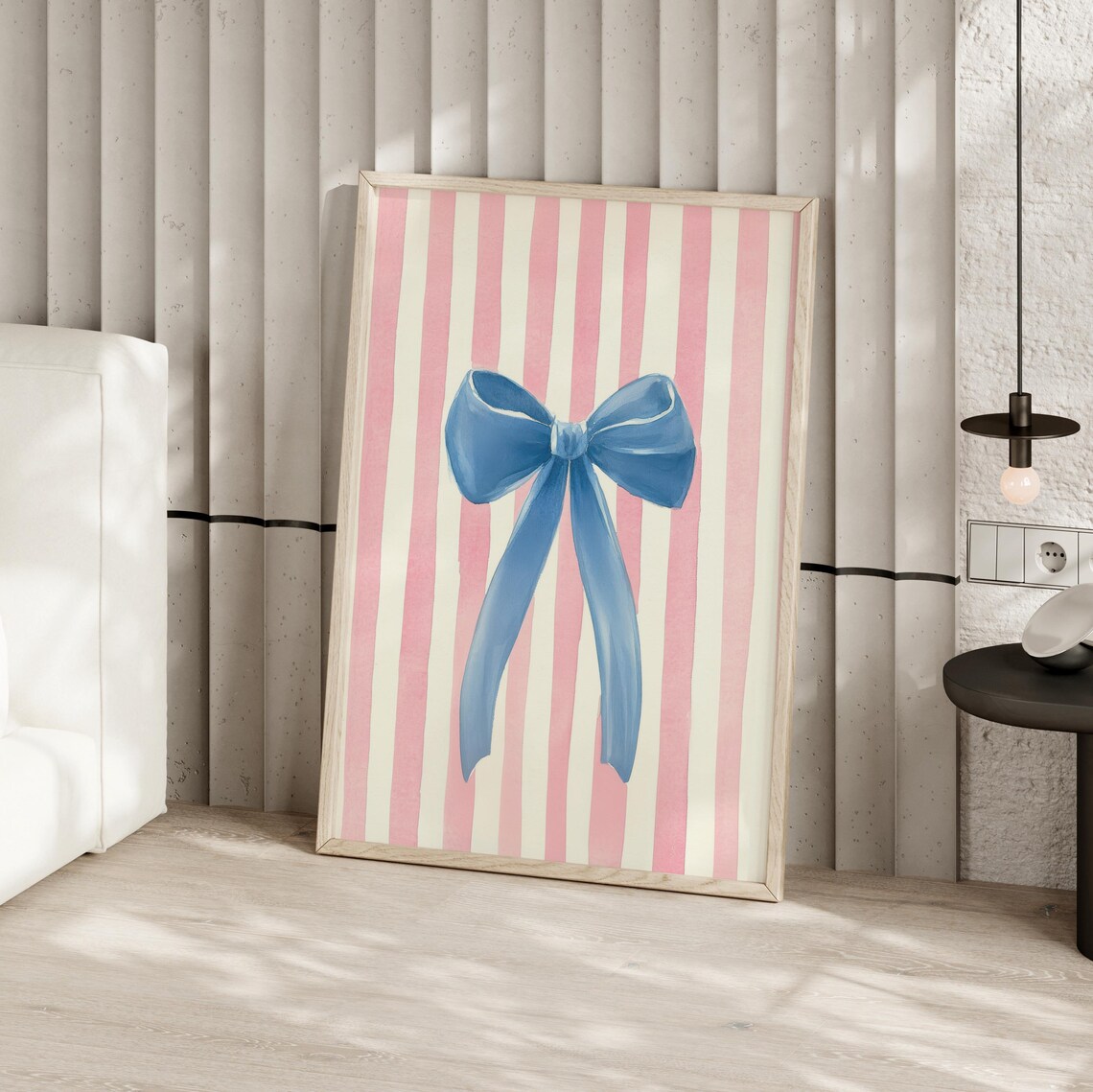 Blue Bow on Pink Striped Watercolor Preppy Coquette Nursery Art Poster