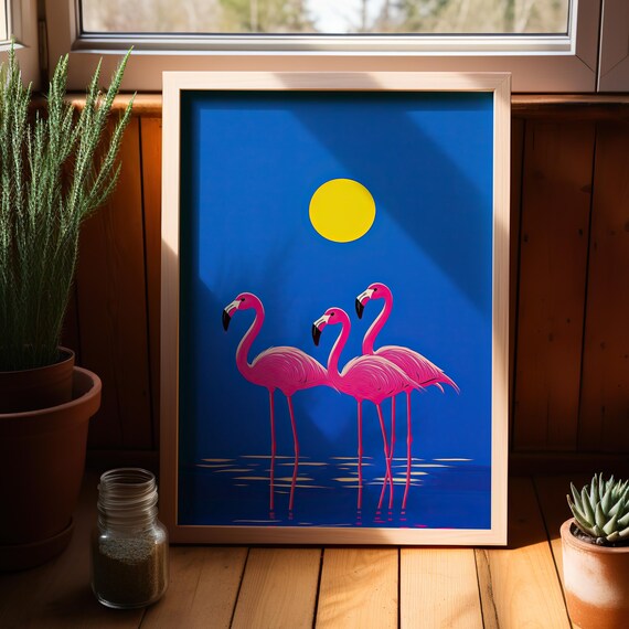Three Pink Flamingos Under The Sun Wall Art Poster Or Canvas Print Vibrant Animal Illustration Minimalist Decor Whimsical Bird
