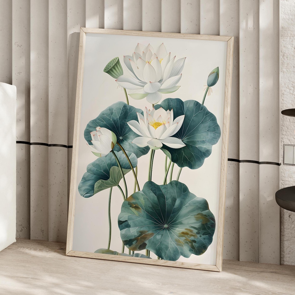 White Lotus Flowers Teal Lily Pads Botanical Watercolor Poster