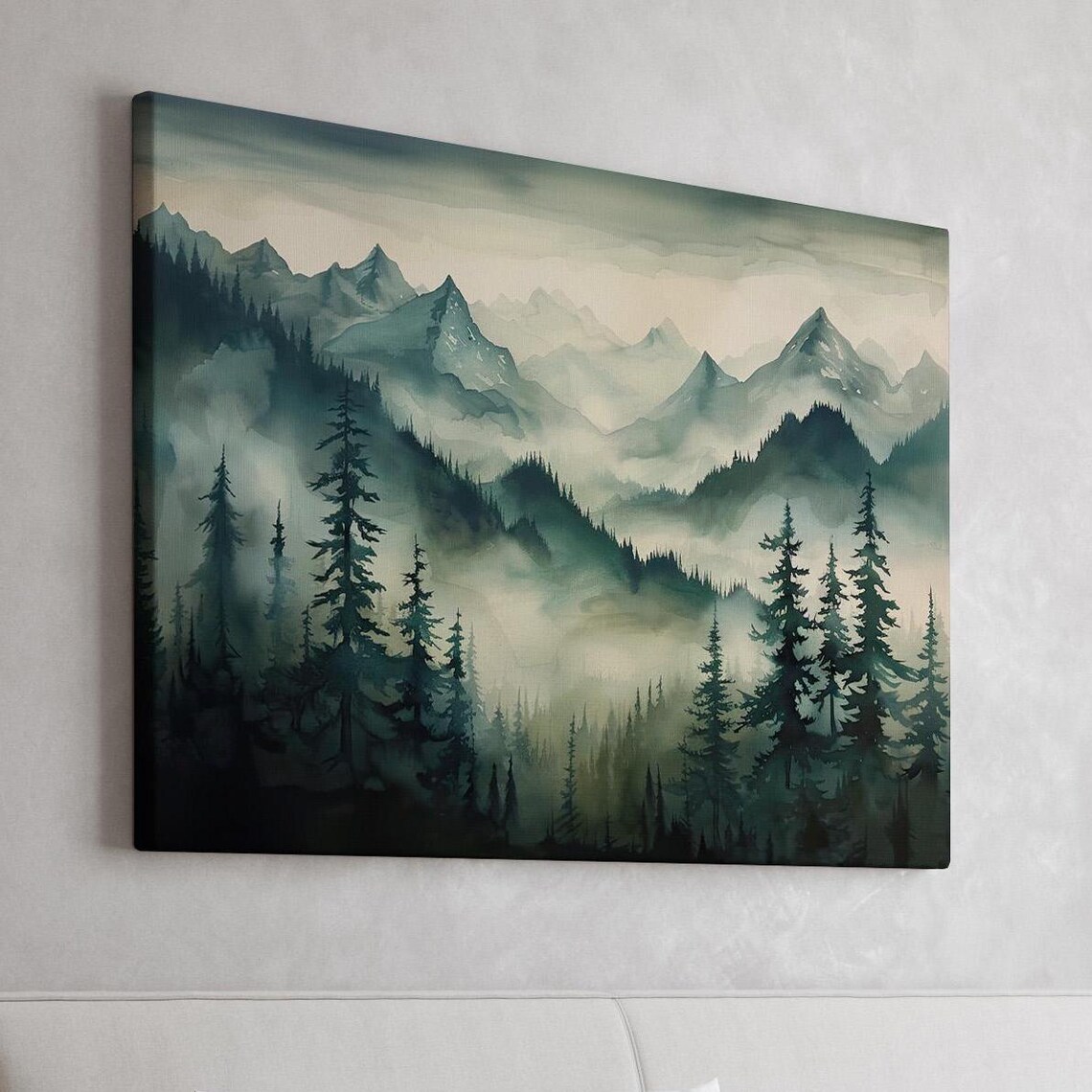 Misty Mountain Range Watercolor Painting Dark Forest Peaks Poster